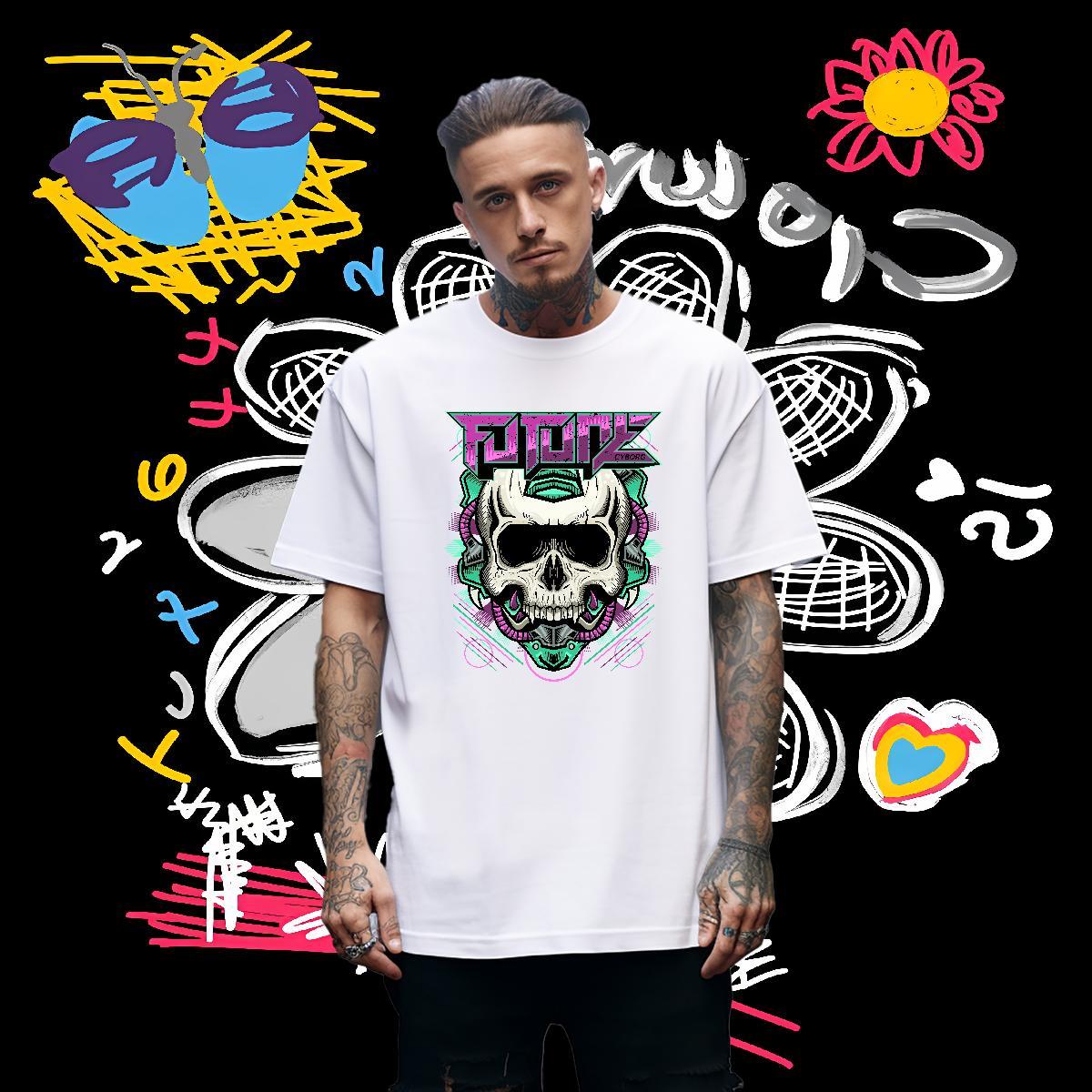 Comfortable T Shirts Men 230g 100% Cotton skull High Street Hip Hop Black White Crew Neck Breathable Couples T Shirts 2024 Designer Tee Shirt