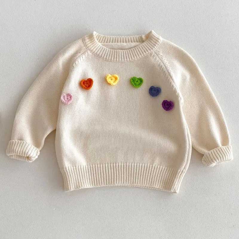 Baby Girl Knitted Thick Sweater Top Autumn Colored Machine Woven Heartbeat Sweater 1-6 Year Childrens Winter Work Collar SweaterW240824