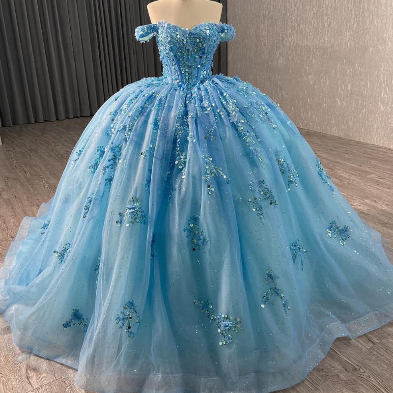 Sky Blue Shiny Quinceanera Dresses Off The Shoulder Party Birthday Dress Ball Gown Sequin Applique Lace Beads Sweet 16 Vestidos 15 De