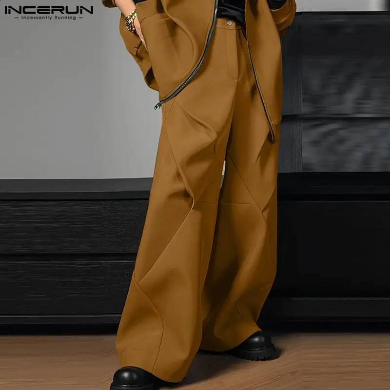INCERUN 2024 Fashion Casual Mens Trousers Pleated Patchwork Diamond Solid Pants Male Straight Leg Wide Leg Pantalons S-5XL 240826