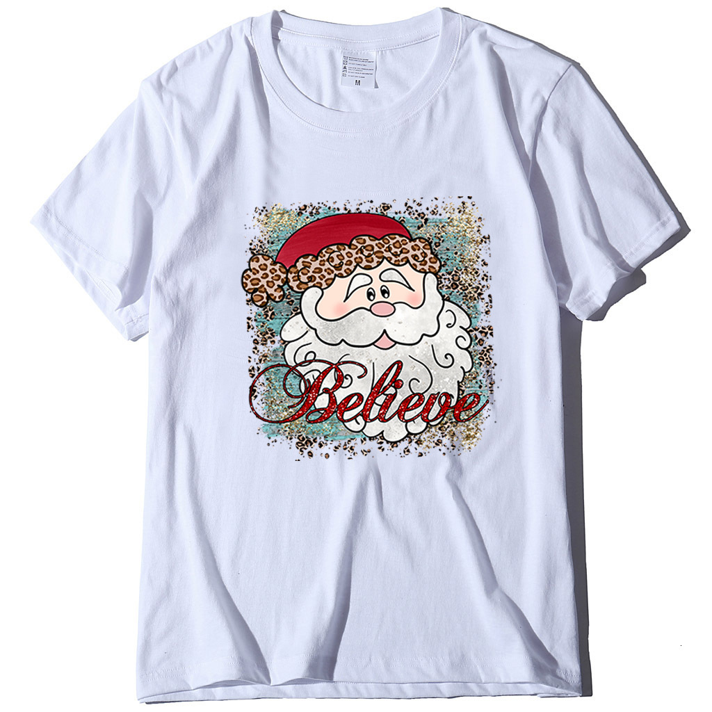 New Believe Pattern Printed Casual Short Sleeve Christmas Women's T-shirt Round Neck dongdumaoyi