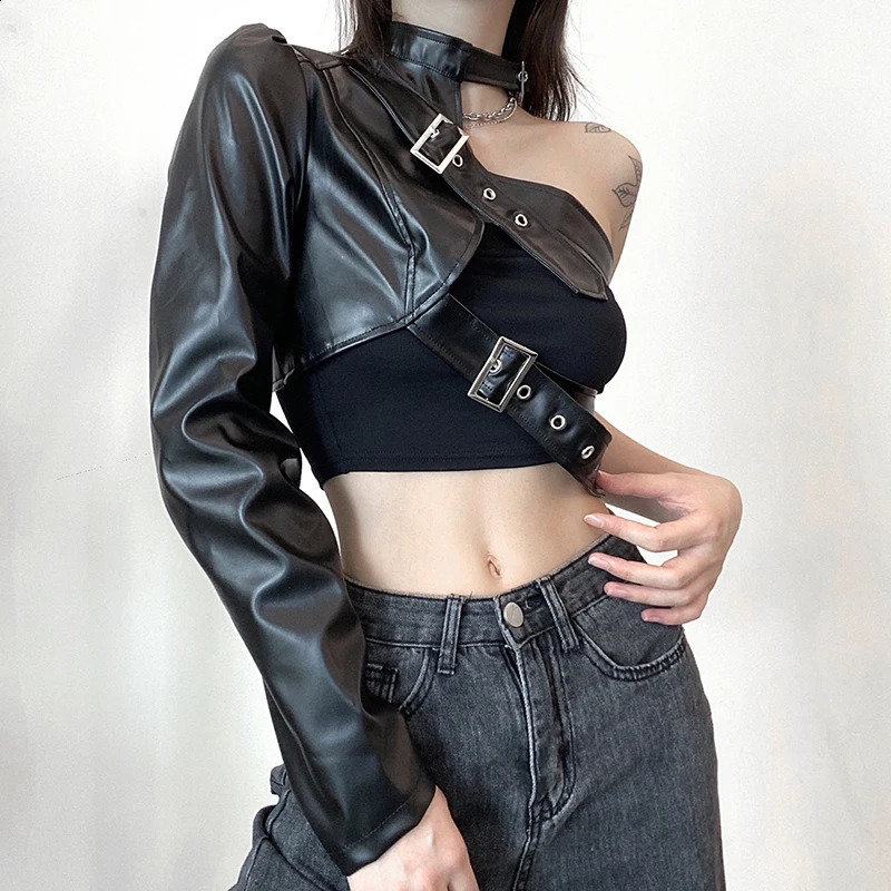 Womens Fashion Punk Style Crop Top Cool Single Sleeve Collar Hanger Belt Connection Top 240827