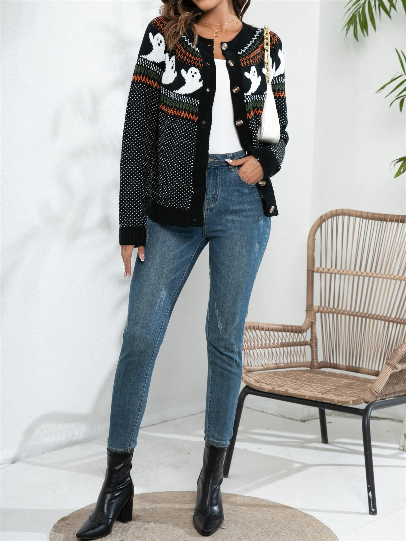 Halloween Ghost Pattern Retro Crew Neck Button Front Long Sleeve Cardigan Fashion Short Womens Sweater 240826