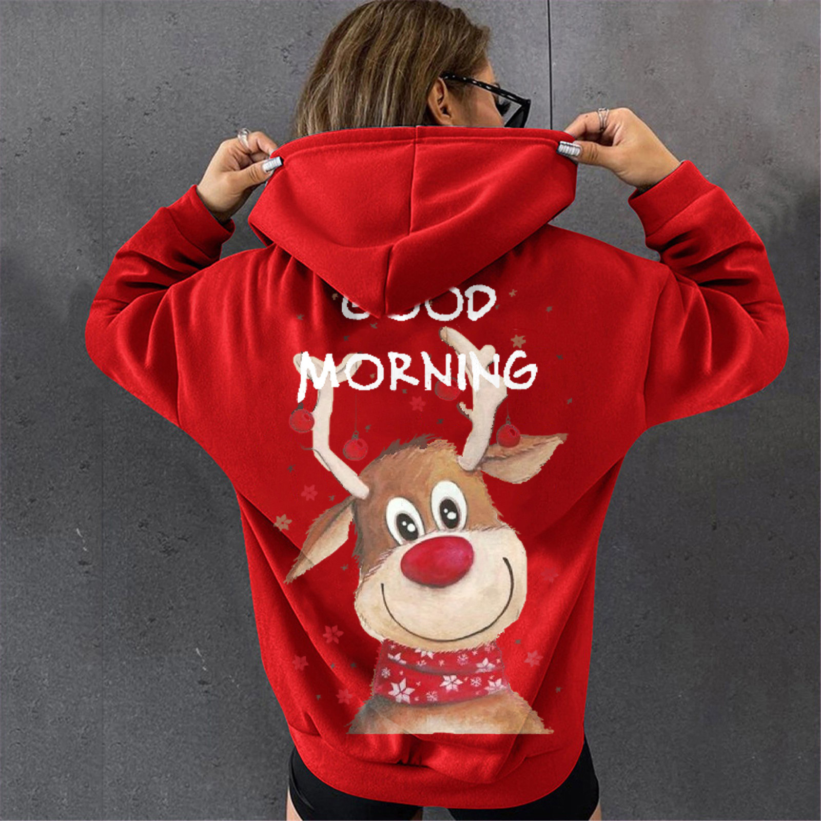 Good MORNING Christmas hoodie with deer print and plush hooded sweatshirt dongdumaoyi