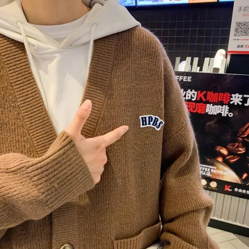 Mens clothing icon cardigan sweater mens Vneck brown pocket fit Korean autumn top 240826