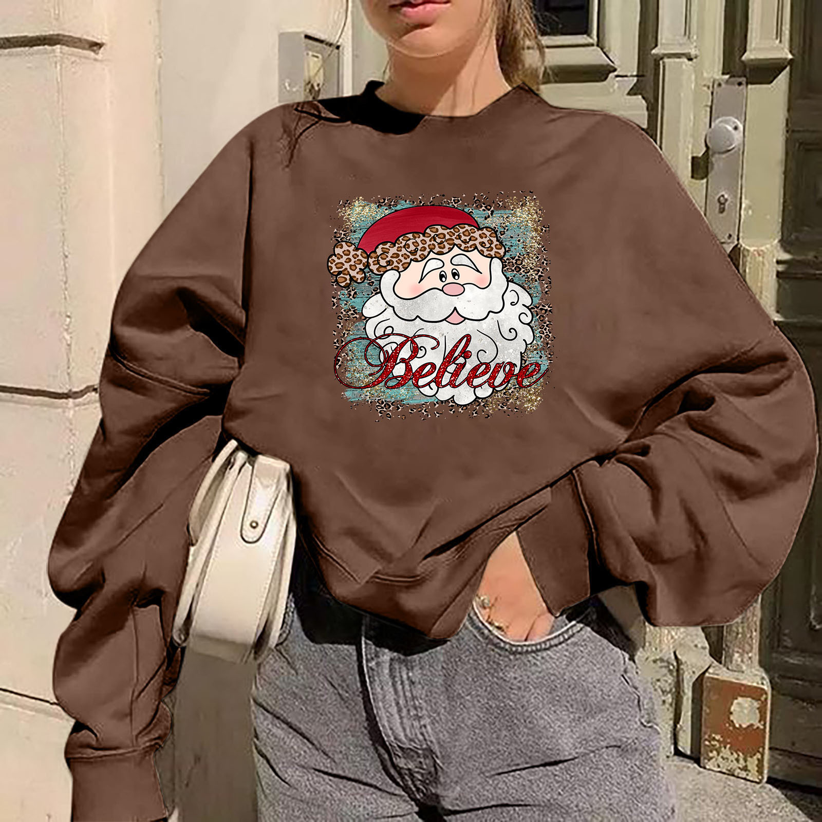 New plus size with believe pattern print and shoulder drop Christmas women's hoodie round neck dongdumaoyi