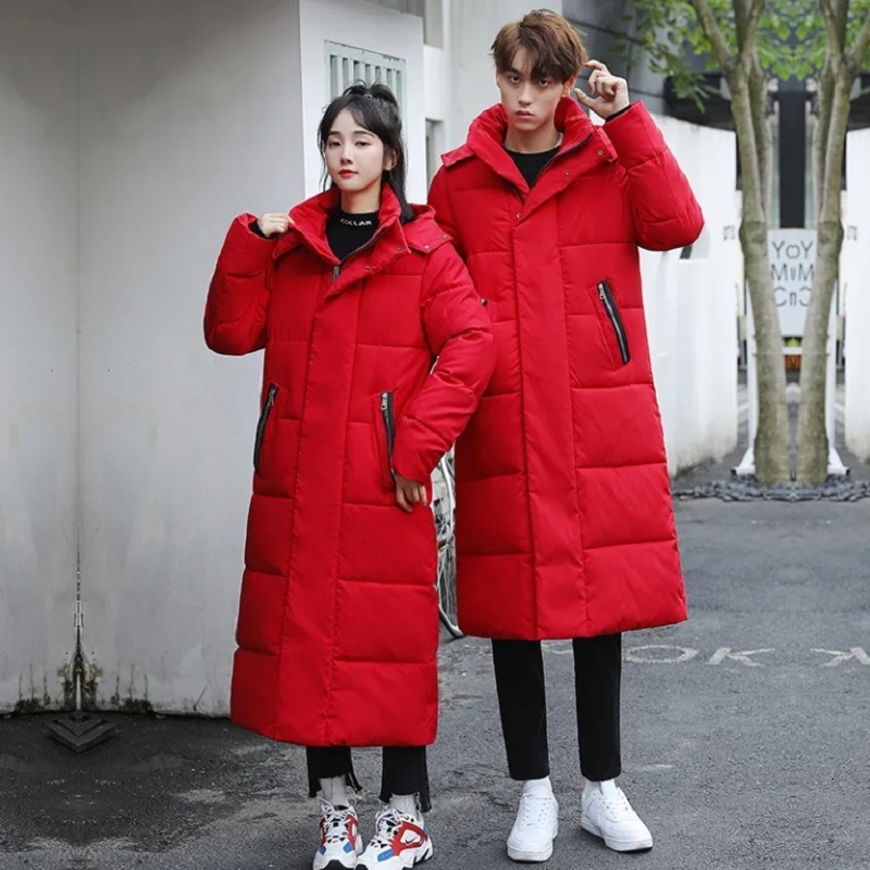 New Down and Cotton Jacket for Men Long Length Over the Knee Thick Plus Size Couple Hooded Slim Fit Extra Long Jacket Cool and Trendy