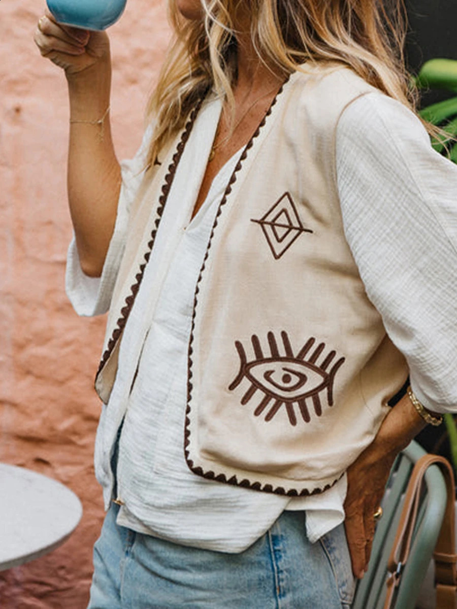 Womens Vintage Vest Tops Waistcoat Casual Embroidery Sleeveless Open Front Boho Cardigan Crop y2k V Neck Outerwear Jacket 240826