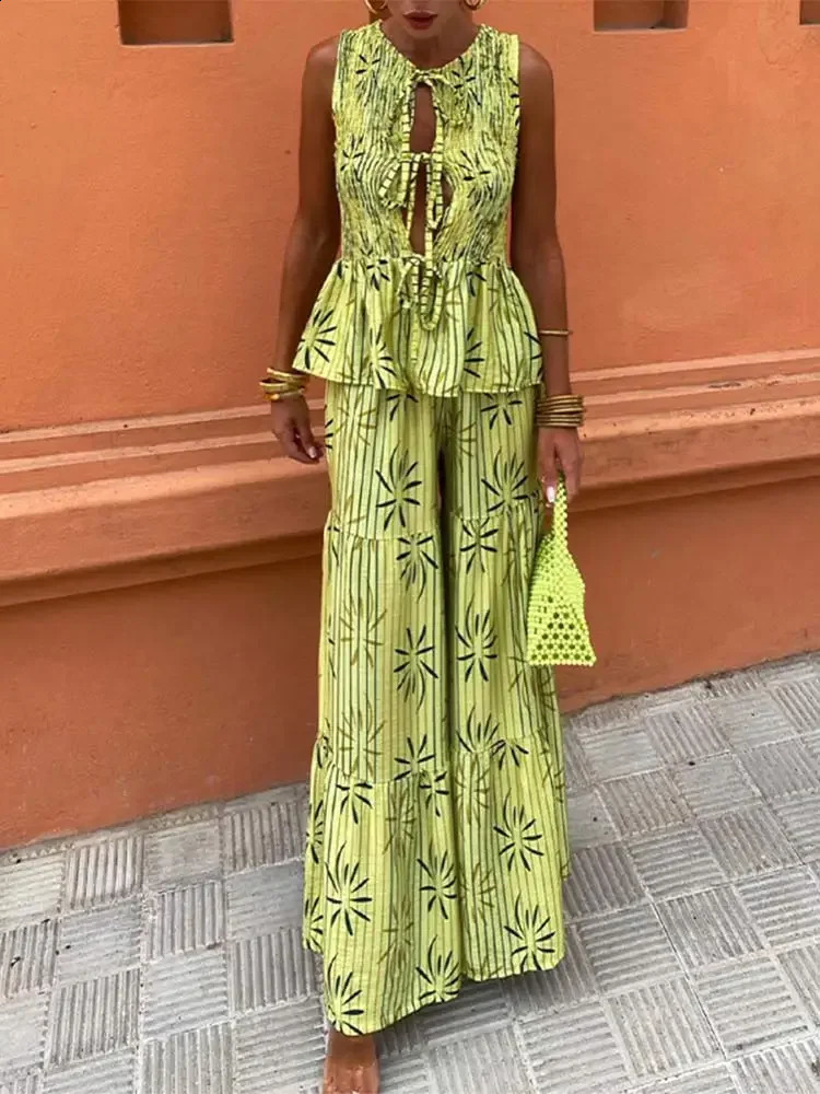 Women Fashion Casual Spliced Wide Leg Pleated Pants Set Chic Hollow Out Lace Up Flare Hem Shirt Suit Lady Holiday Elegant Outfit 240824