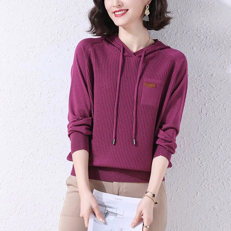 Spring and Autumn Fashion Solid Color Hooded Thread Ice Silk Knitted Sweater Temperament Womens Sweater 240824