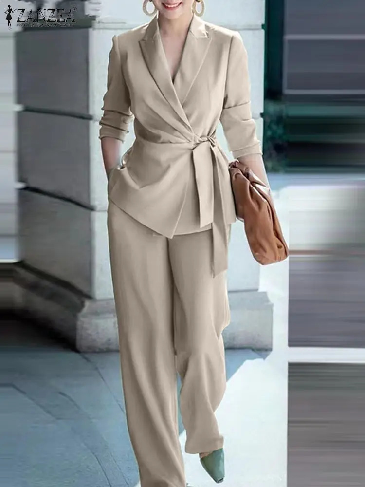 ZANZEA Fashion OL Tracksuits 2PCS Long Sleeve Lapel Neck Blazer Wide Leg Pants Autumn Casual Loose Suit Elegant Party Outifit 240826