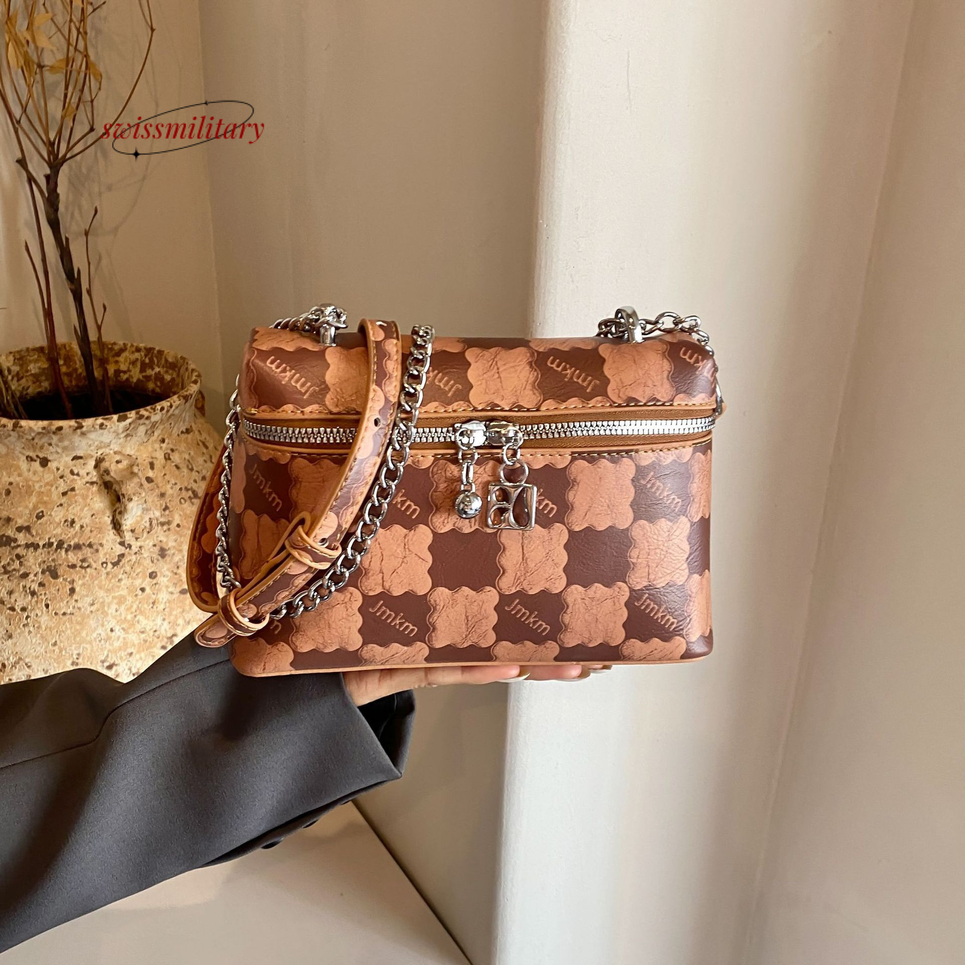 Swissmilitary New color blocking checkered for summer women 2024 small square high-end single shoulder crossbody bag, fashionable chain women's b