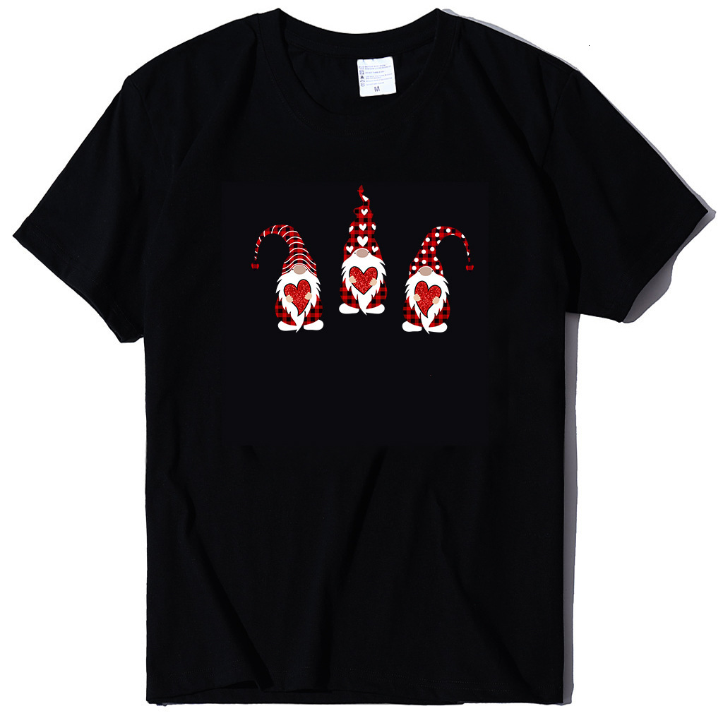 trendy T-shirt with three Santa Claus holding hearts printed multiple colors, available in cotton short sleeves dongdumaoyi