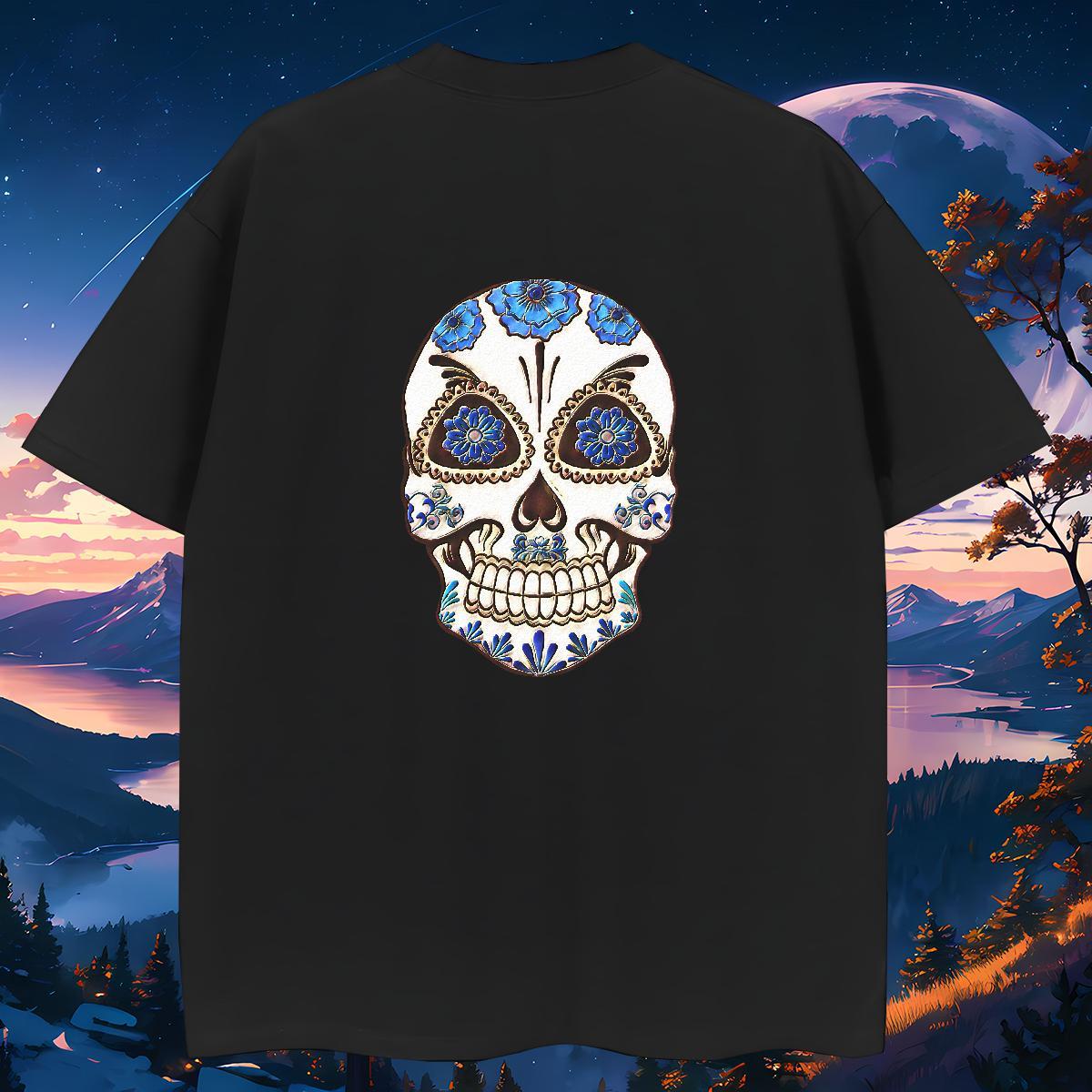 Loose Man T Shirts 100% Cotton 230g skull Hip Hop Street Cartoon Print O Neck Short Sleeves Tshirts New Arrival Tops Shirt