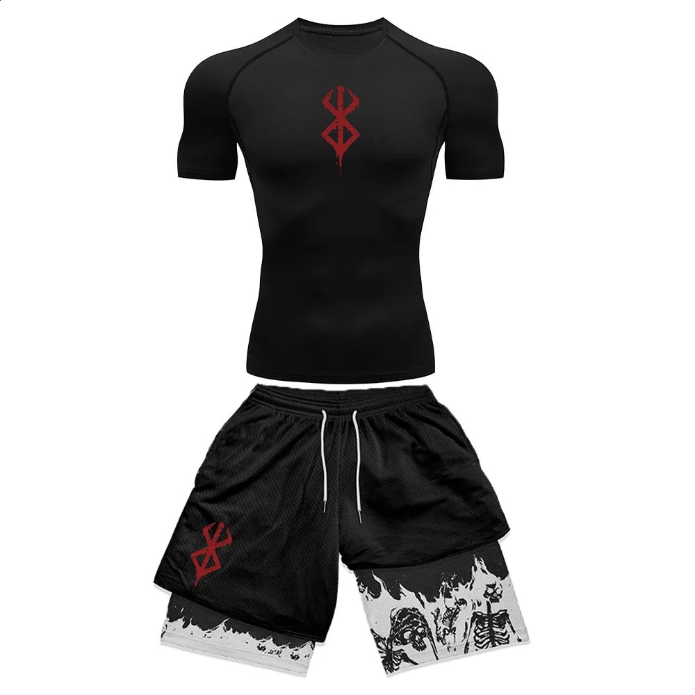 Anime 3D Printed Mens Compression Set short Sleeve Gym TopWorkout Shorts Quick Drying Breathble Athletics Rash Guard Set 240813