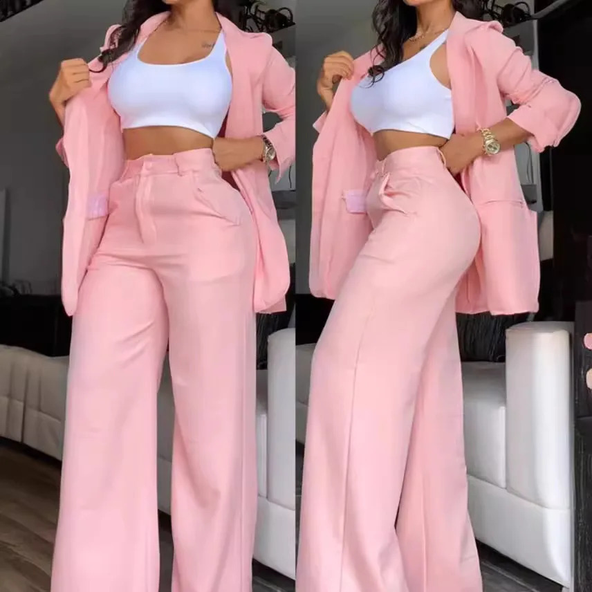 Woman Elegant Blazer Sets Autumn Fashion Womens Notched Collar Coat Pocket Pants Set Work Commuting Two Piece Suit 240826