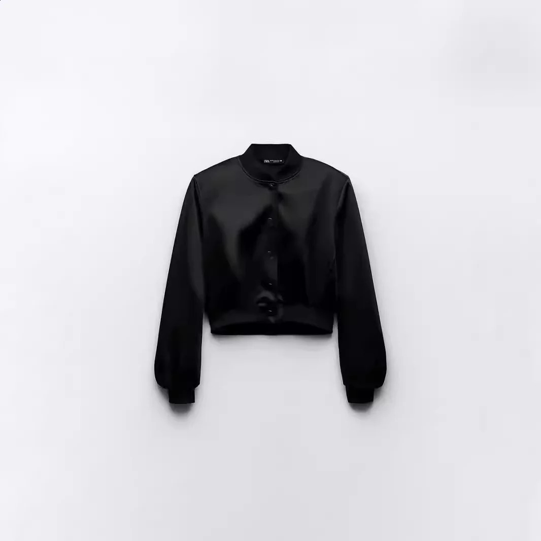 Womens Autumn Silk and Satin Texture Bomber Jacket Round Neck Long Sleeve Satin Bomber Jacket Womens Casual Jacket 240826