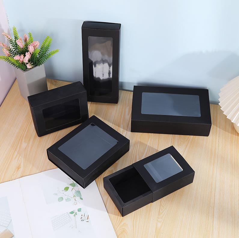 100Pcs Black Cardboard Boxes Drawer Slide Packaging Box With PVC Clear Window DIY Gift Box Wholesale ni49