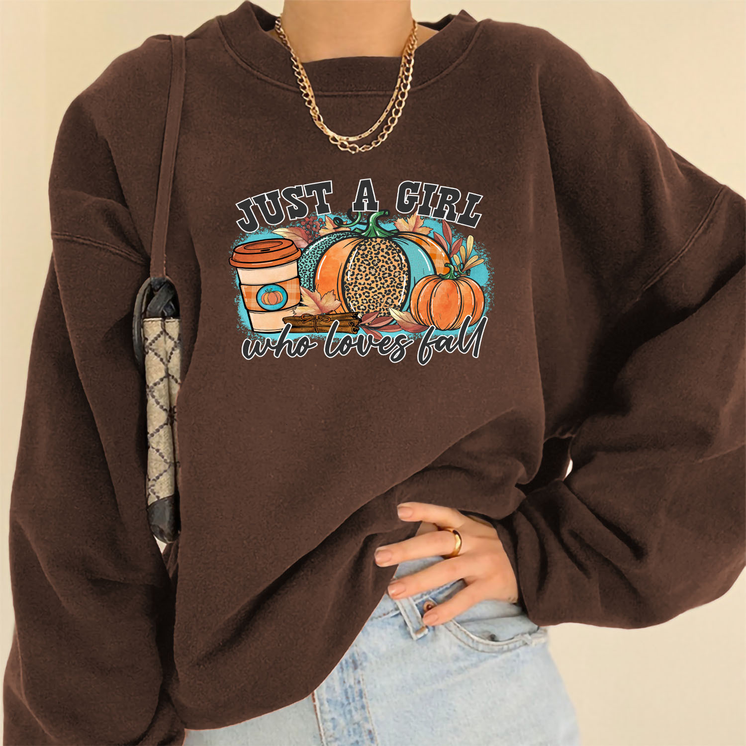 Just A Girl Printed Women's Shoulder Down Large Round Neck Fleece Loose Pumpkin Pattern Casual Hoodie dongdumaoyi