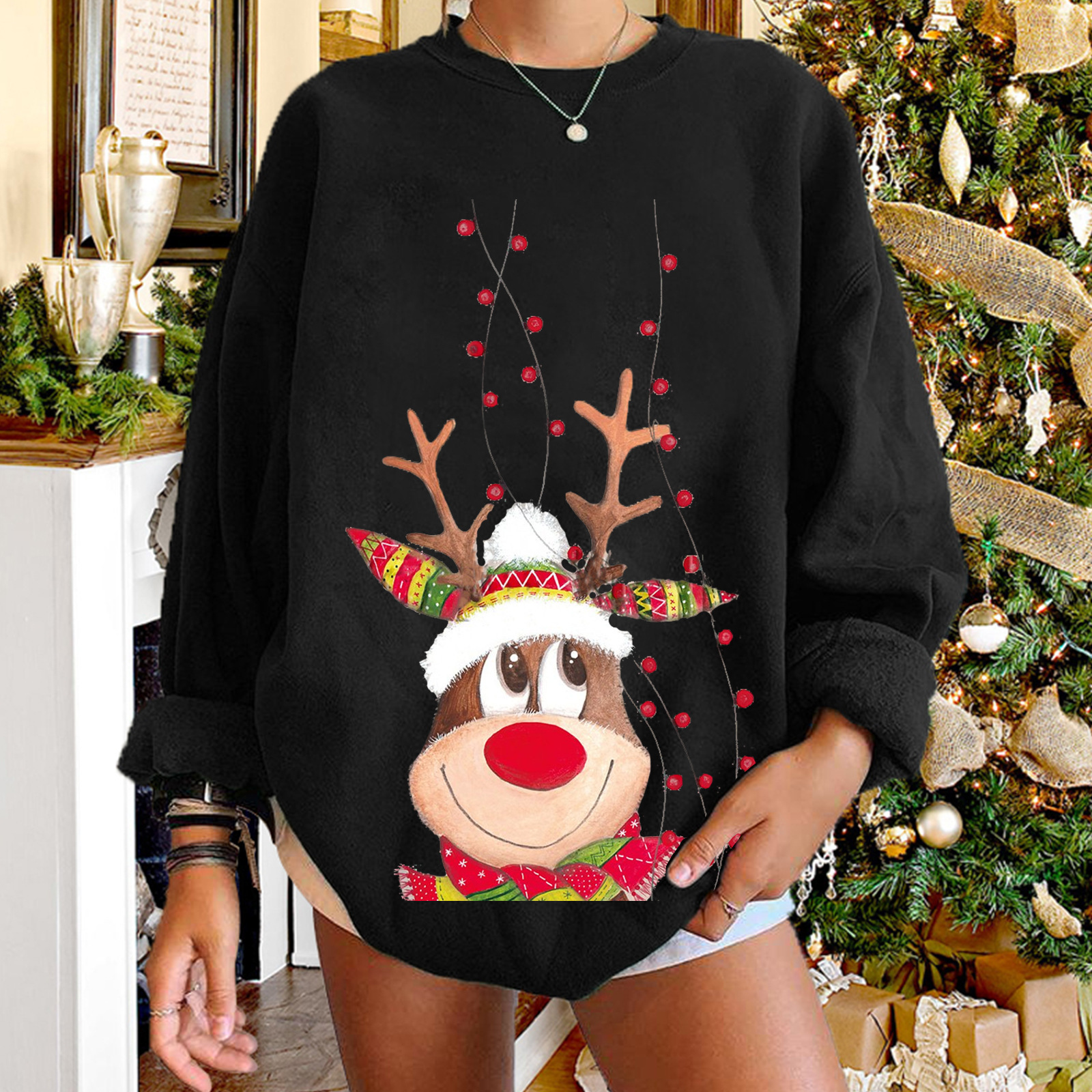 Ins style 2 cute reindeer hoodies with printed women's shoulder down, plus size round neck fleece hoodie for women dongdumaoyi