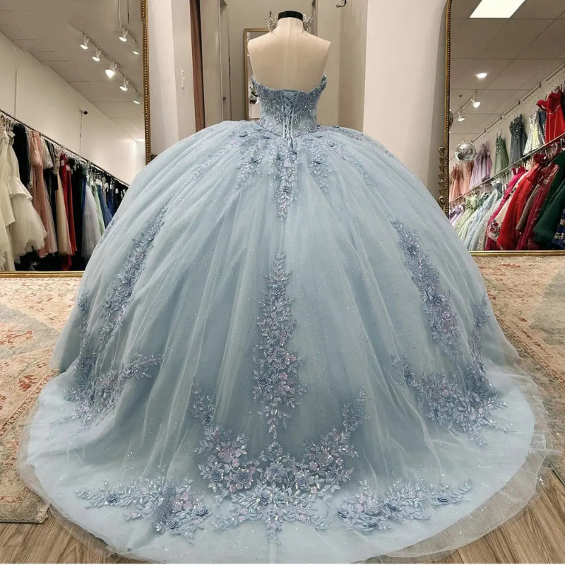 Light Blue Sweetheart Beading Ball Gown Quinceanera Dresses With Cape Appliques Lace Sweet 16 Vestido De 15 Anos