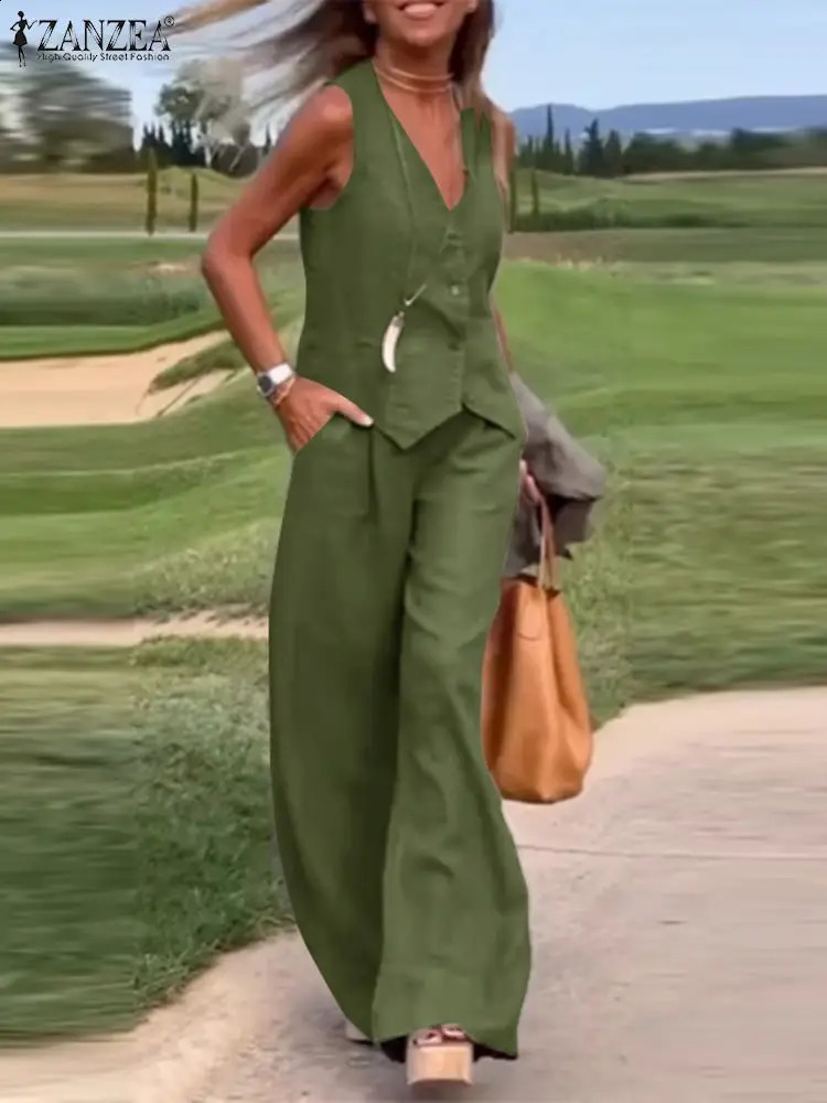 Summer Women Blazer Suit Solid Tanks Tops Wide Leg Pants ZANZEA Elegant Matching Sets Work Outfits Stylish Tracksuits 240826