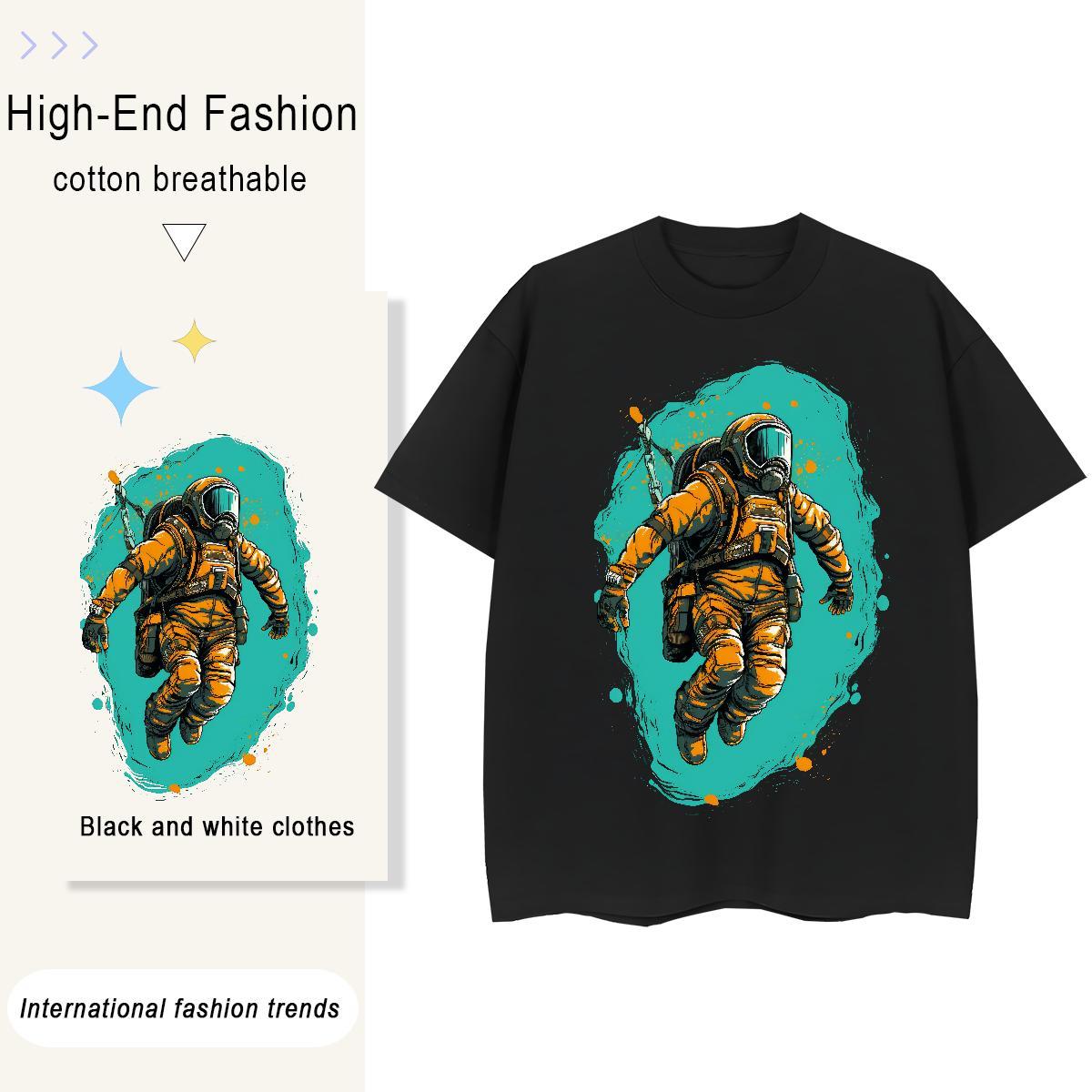 Loose Women Tees 230g Pure Cotton cosmonaut Casual Beach T-Shirts Short Sleeve O-Neck Cartoon Print Tops Shirt