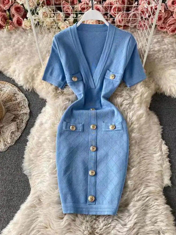 Lanjia- Womens Solid Deep Vneck Short Sleeve Elegant Aline Dress Springsummer Single Chest Office Knitted Wrap Hip Skirt 240826 976D4