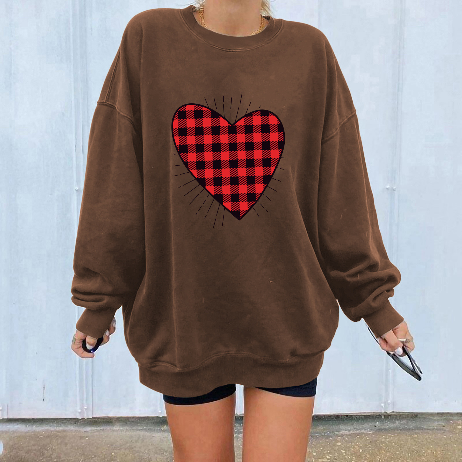 Christmas trend shoulder down with red and black checkered heart-shaped line printed casual style jacket hoodie dongdumaoyi
