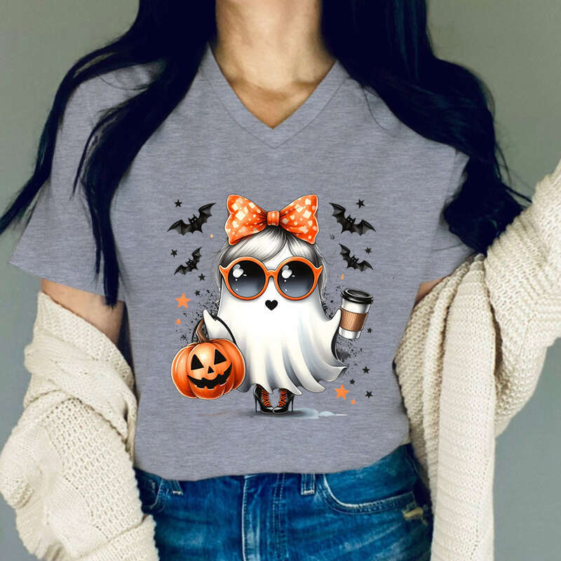 Graphic T Shirts Women Pumpkin Coffee Lovers T-shirt Fashion Ghost Print Woman Funny Halloween Casual T-shirts