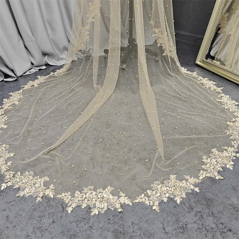 Mantilla Pearls Wedding Veil with Hidden Comb 3m Lace Appliques Bridal Veil Mantilla Veil Wedding Accessories Custom Made