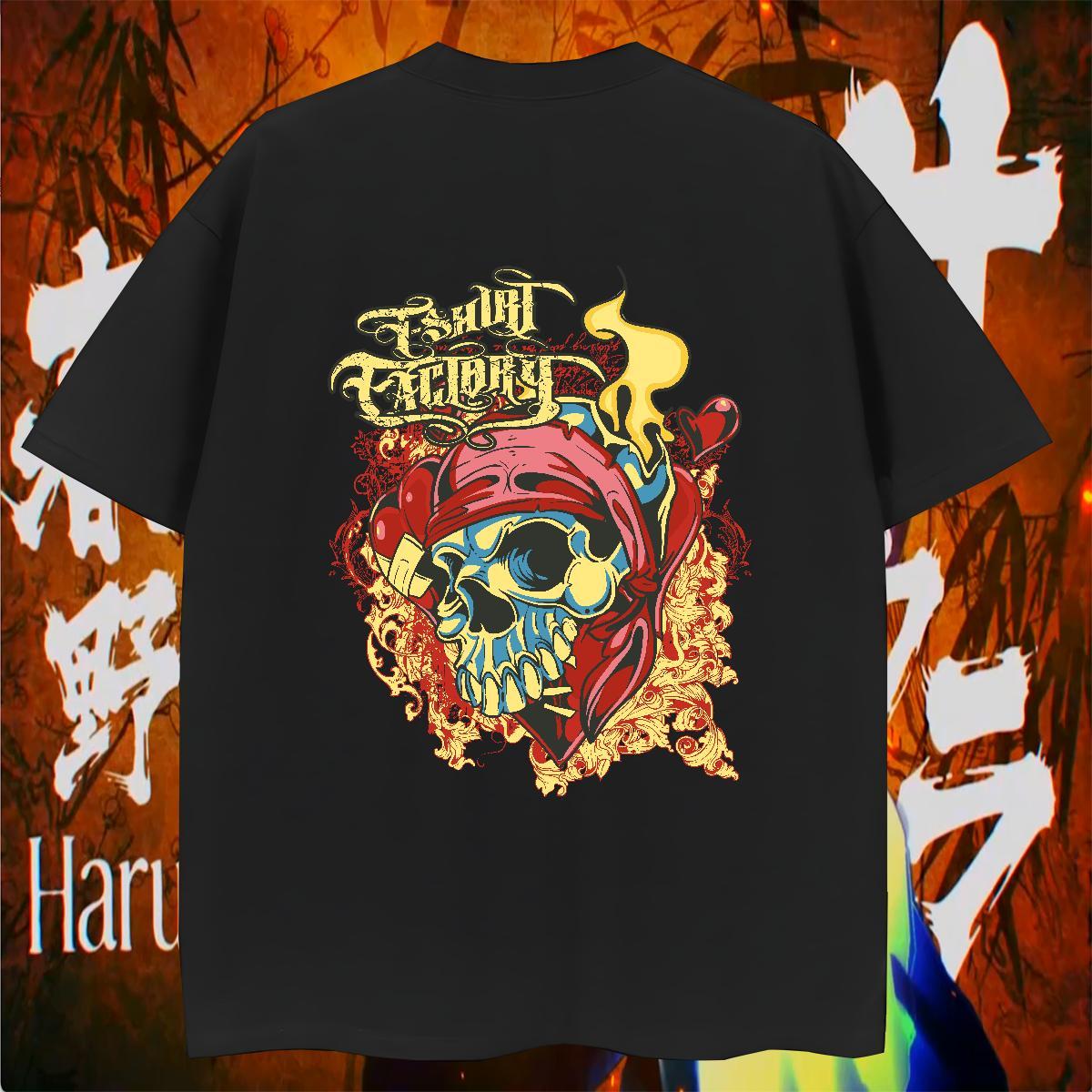 Wholesale T shirt 230g Cotton skull Anime Printing Street Black White O Neck Short Sleeves Tshirt for Man Woman Casual New Top Tees