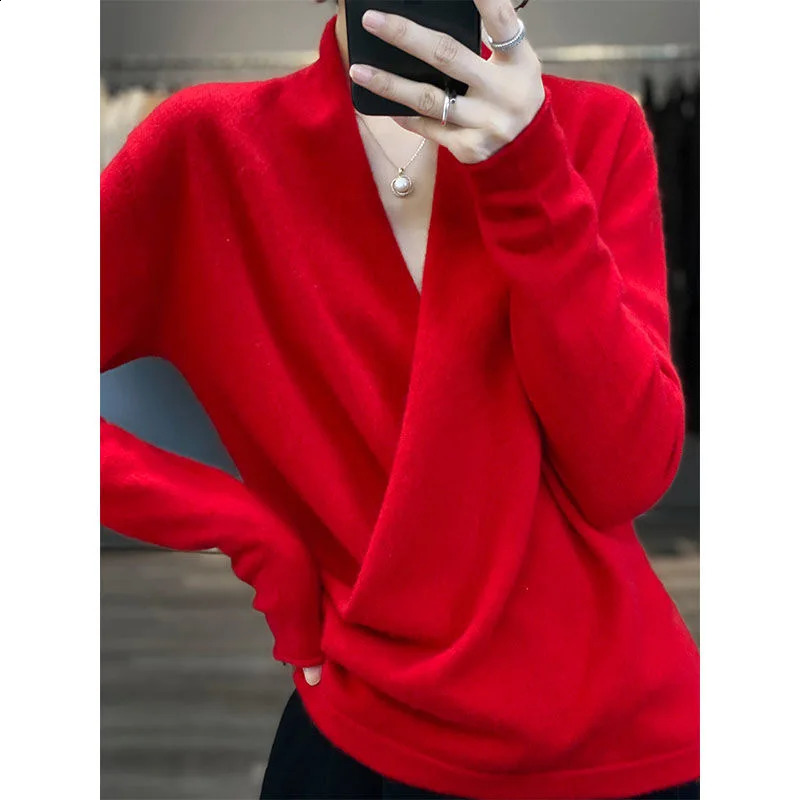 100% Merino wool kimono zipper suitable for womens Vneck loose and fashionable sweaters spring summer cashmere knitted tops 240826