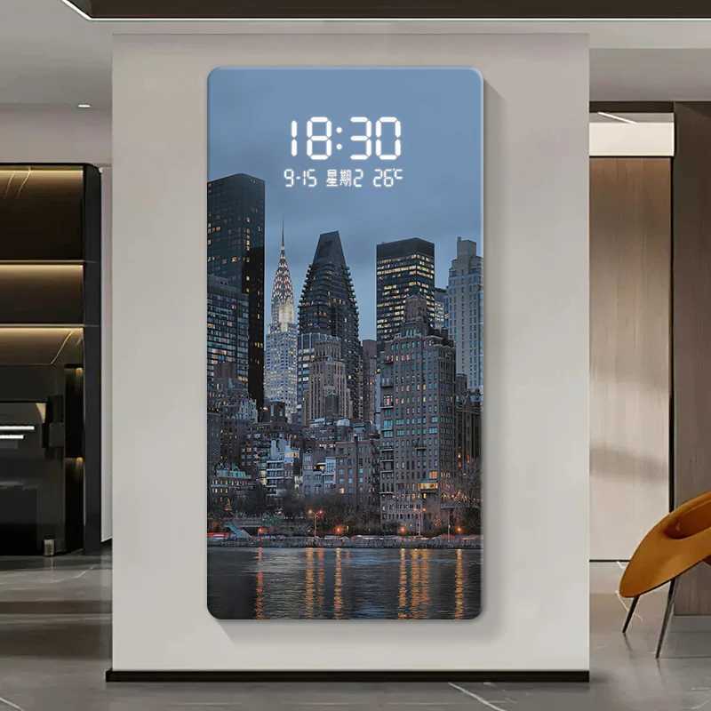 Wall Clocks Wall Clocks Led Electronic Wall Hanging Clock Porch Decorative Painting City Night Scene Advanced Sense Human Induction Wall Clock H240823