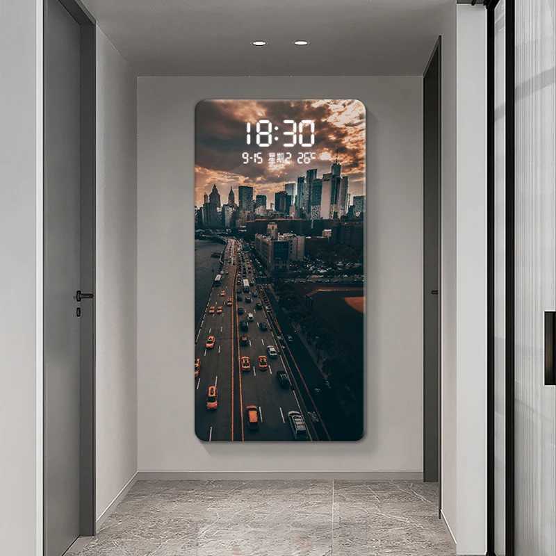 Wall Clocks Wall Clocks Led Electronic Wall Hanging Clock Porch Decorative Painting City Night Scene Advanced Sense Human Induction Wall Clock H240823