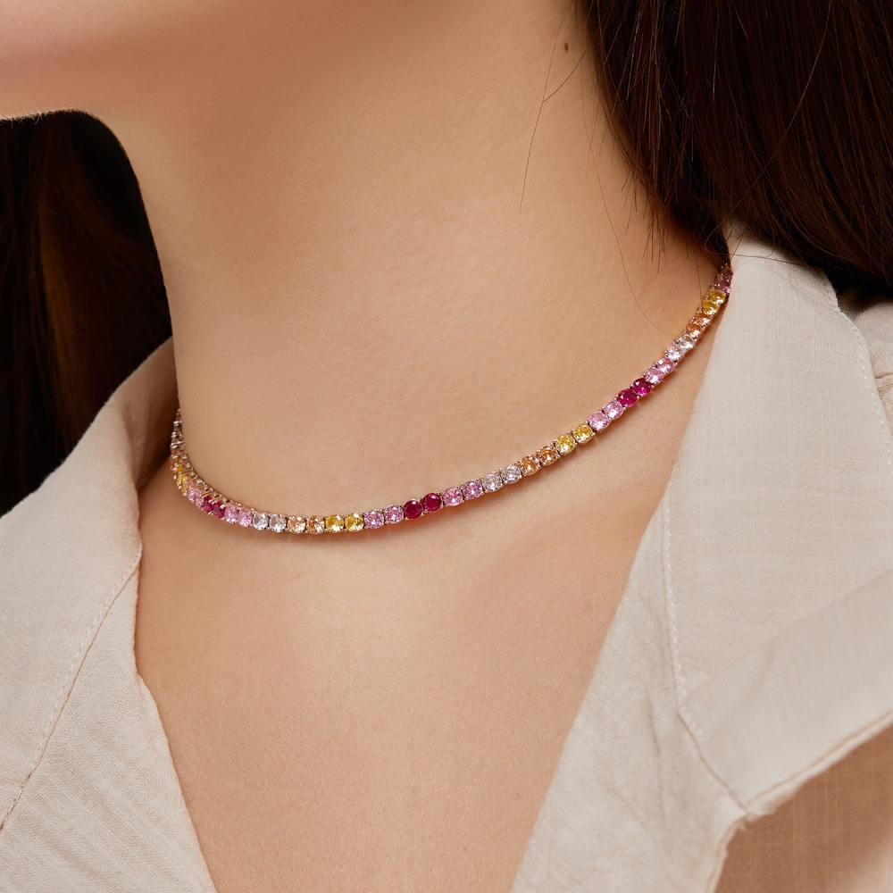New S pure sier women's necklace full of zircon inlaid with dopamine color, fashionable wedding accessory for women