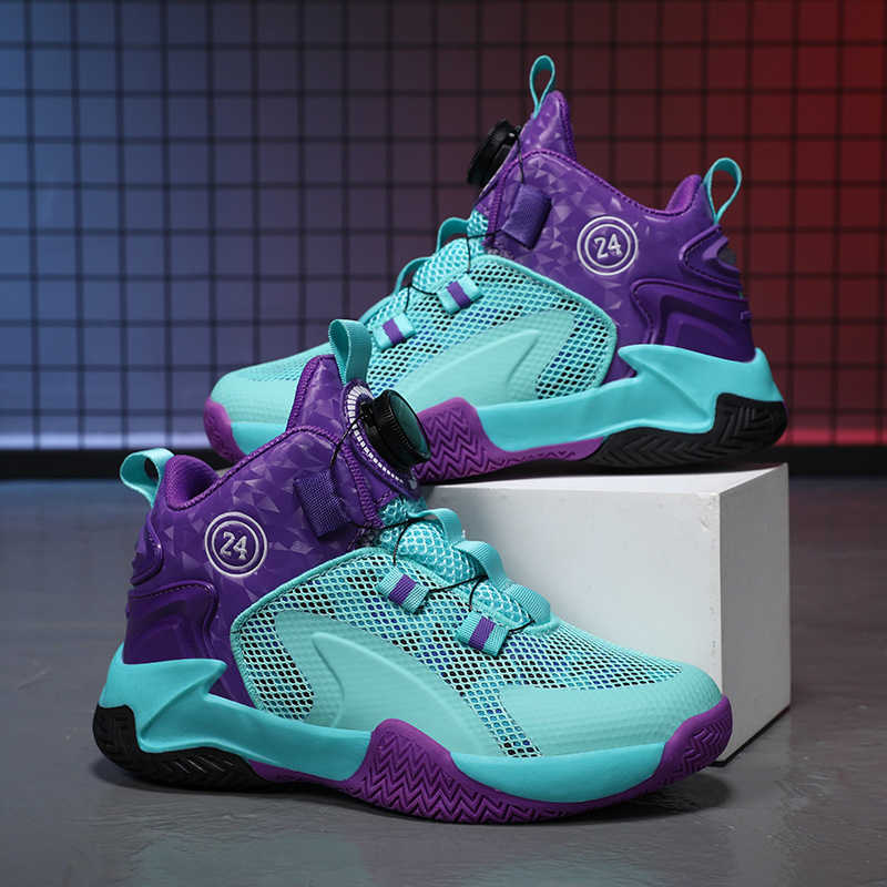 Basketball Children's Athletic Sneakers, Rotating Button Sports Tennis Boys, Breathable Running Shoes for Elementary School - H240805 4