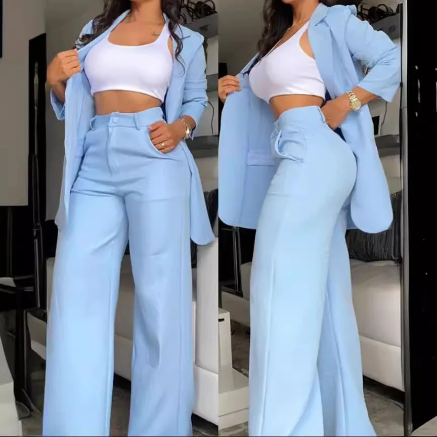 Woman Elegant Blazer Sets Autumn Fashion Womens Notched Collar Coat Pocket Pants Set Work Commuting Two Piece Suit 240826