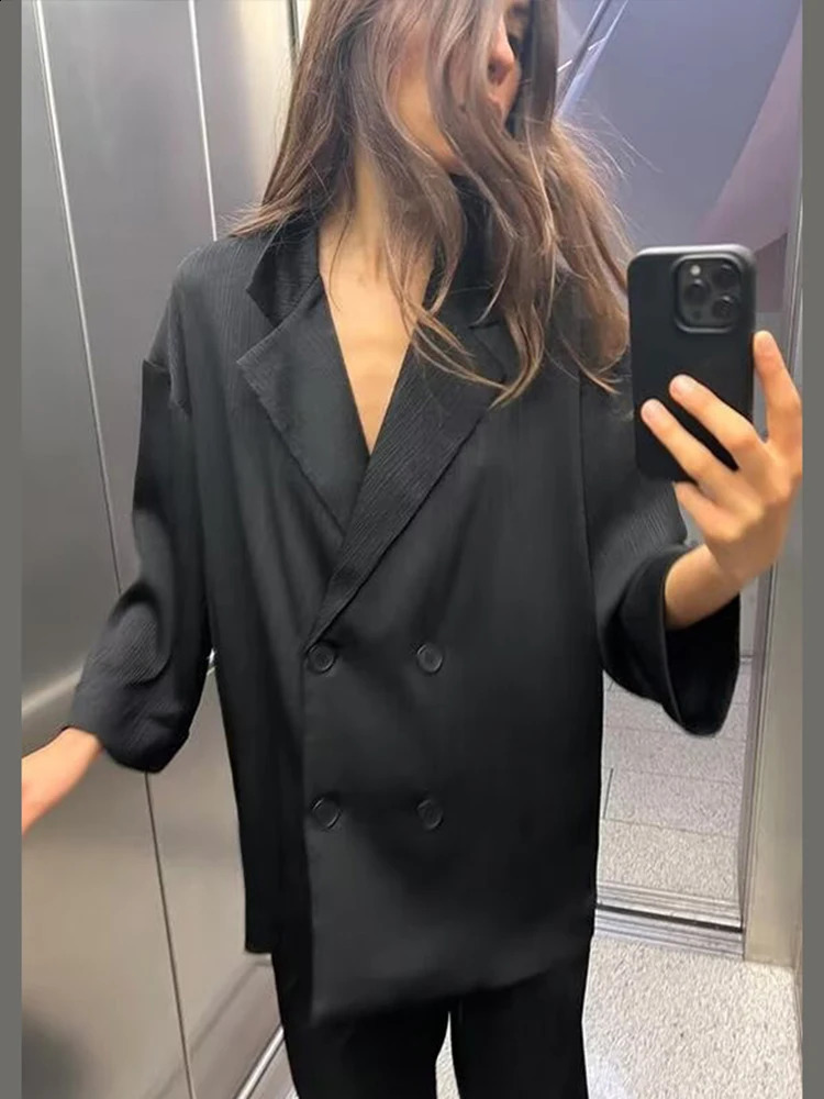 Casual Blazer Coat Pants Set Women Loose Lapel Long Sleeve Double Breasted Top Wide Leg Trousers Elegant Lady Office Outfit 240826