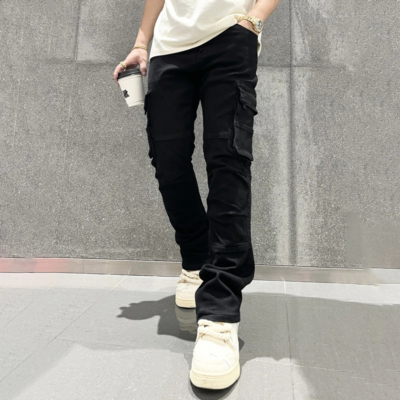 Smart Black Cargo Jeans Men Slim Fitting Straight Baggy Pants Side Pockets Y2K Clothes 240824