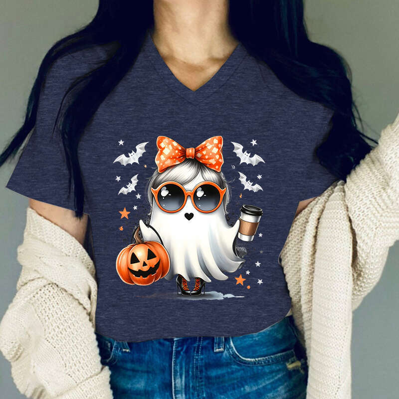 Graphic T Shirts Women Pumpkin Coffee Lovers T-shirt Fashion Ghost Print Woman Funny Halloween Casual T-shirts