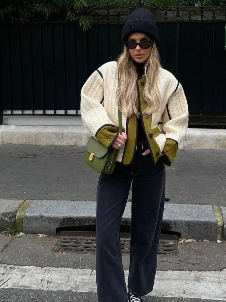 Women Fashion Single Breasted Contrast Jacket Stand Collar Pocket Long Sleeve Coats 2024 Chic Autumn Casual Lady Outerwear 240826