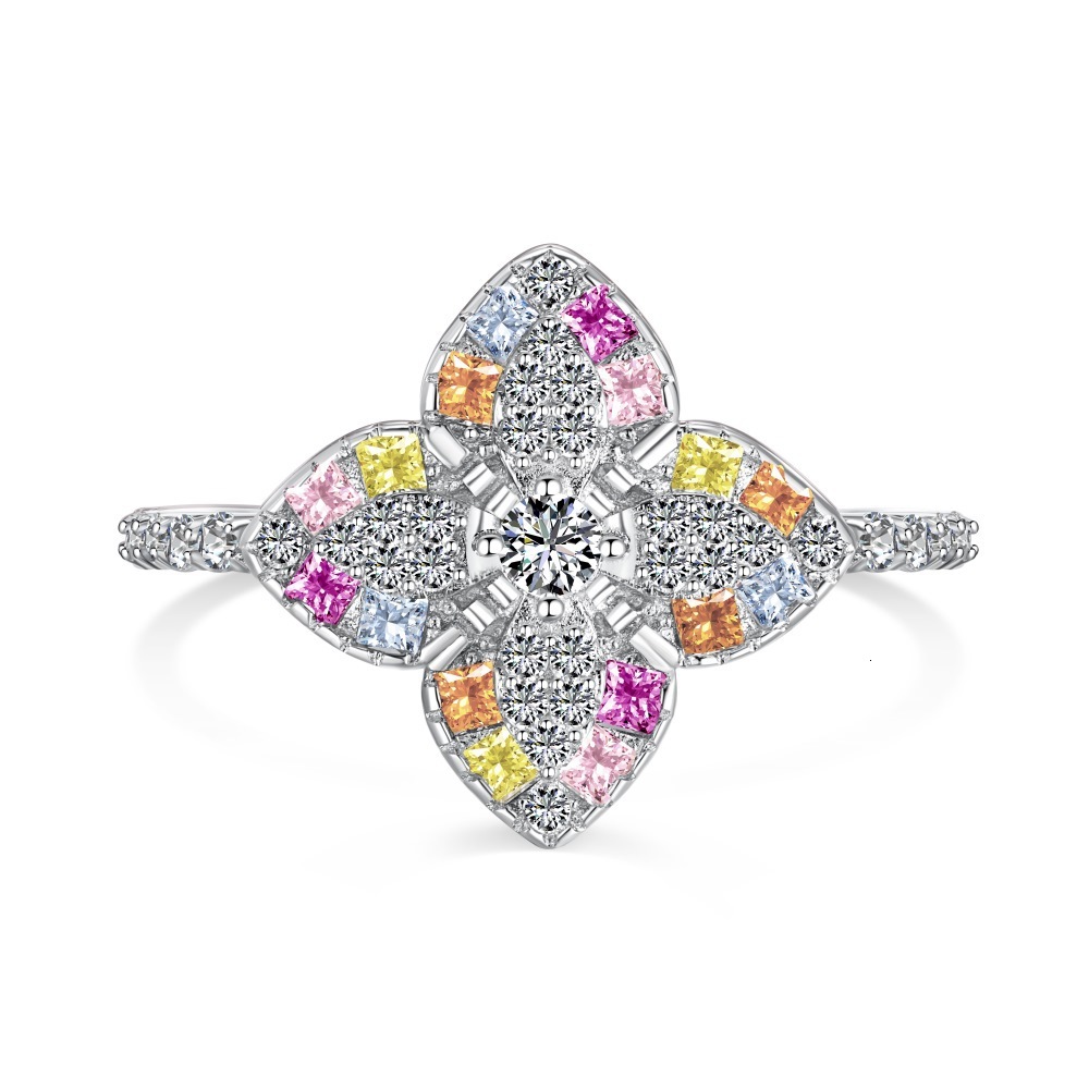 S sterg sier zircon inlaid with candy colored clover design for a refined and elegant closed mouth ring