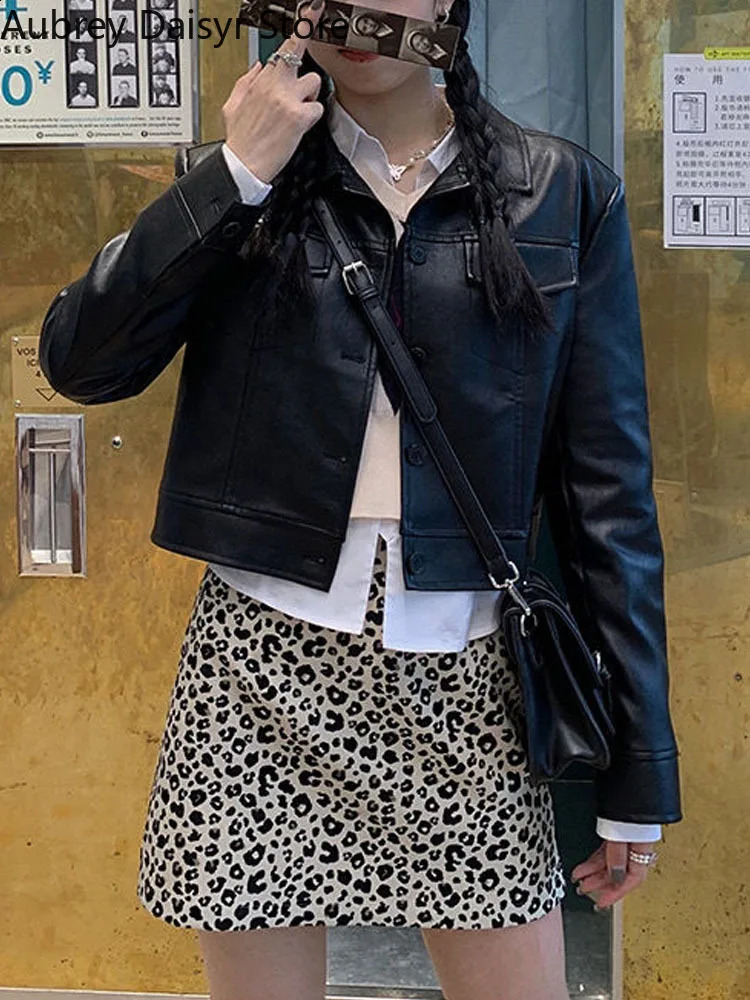 Cropped Leather Jacket Women Korean Y2K Streetwear Black Leather Moto Jacket Chic Thin Loose Casual Highstreet Short Coat 240824