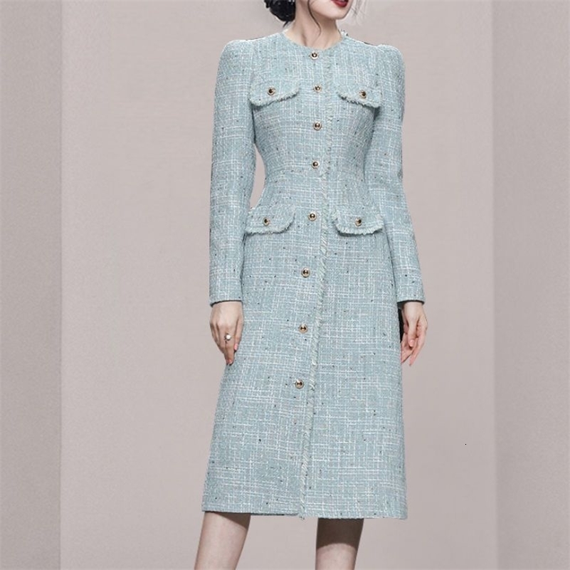 Womens Autumn and Winter Pullover Round Neck Panel Button Solid Color Slimming Mid Length Flower Tweed Long Sleeved Dress 240824
