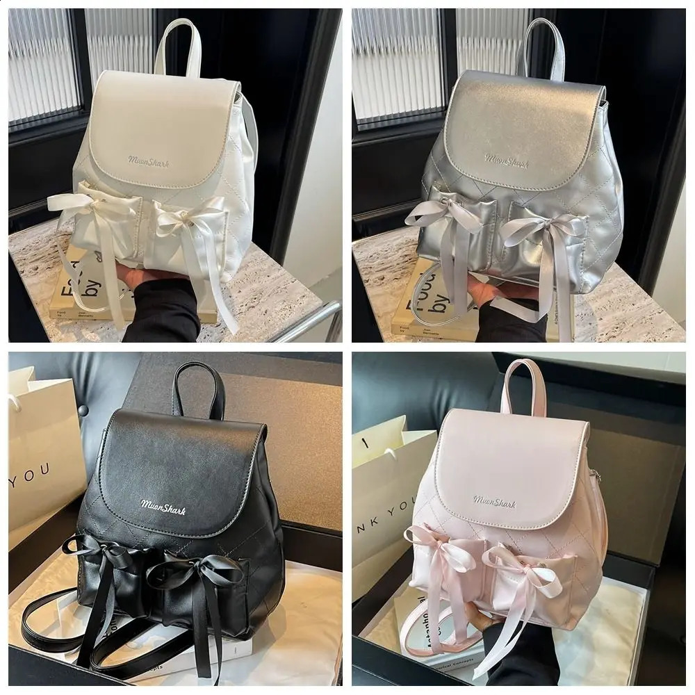 Korean style bow backpack ballet style double bow nylon handle Knapsack large capacity solid color Y2k school travel bag 240912