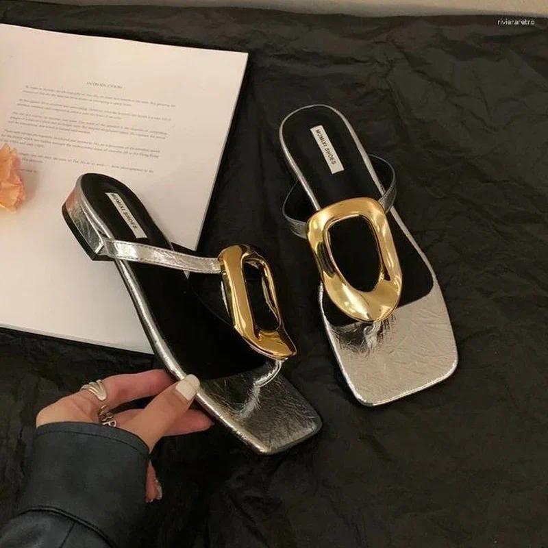 Sandals Golden Buckle Heeled Flip ps Woman Summer Elegant Square Toe Thong New Slipper Ladies Brand Design Evening Party Shoes ashoesfactory