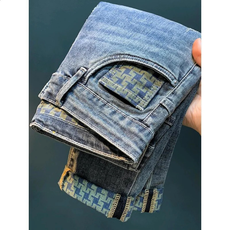 jeans MENS trendy inner full print casual straight leg fashion slim fit high end light washed street denim pant 240824