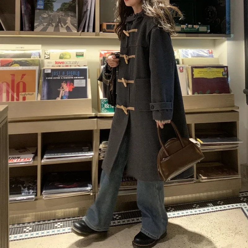 Xgoth Womens Tweed Coat Winter Korean Fashion Mid-length Coats Vintage Horn Button Hooded Loose Solid Jackets Casual Female Top 240826