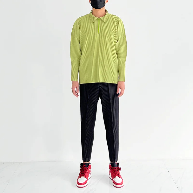 Pleats Original Polo Shirt Long-sleeved Mens Spring Sports And Leisure Solid Color Zipper Pleated Tops Men 240824